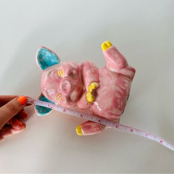 VINTAGE Soft Pale Pink Blue Yellow Piggie Bank Handmade Painted Ceramic Y2K Pig - Picture 3 of 6